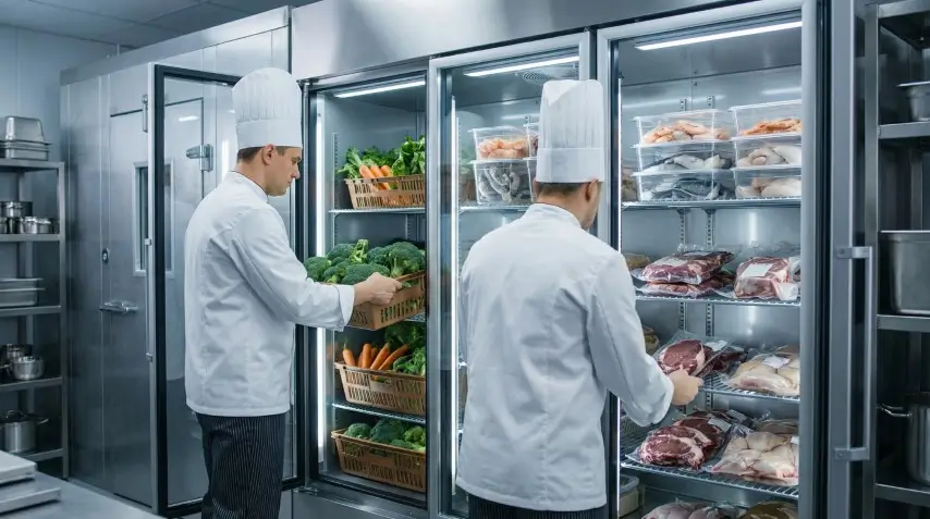 Chefs Organizing Fresh Meat, Seafood, and Vegetables in Commercial Kitchen Cold Storage.
