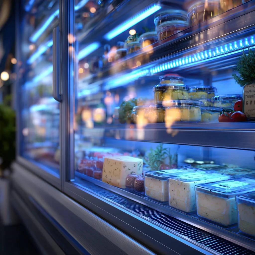 Modern refrigerated display case with blue LED lighting, showcasing neatly arranged food items, sleek metallic surfaces, high-tech cooling system visible, professional commercial equipment.