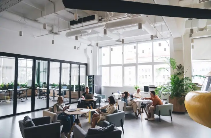 Businesspeople spending free time in cafeteria.