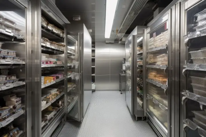 remarkable walk-in freezer, with towering stacks of frozen products and frozen exterior.