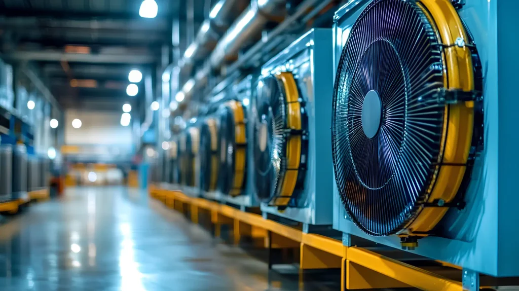 Industrial commercial refrigeration systems in a warehouse.