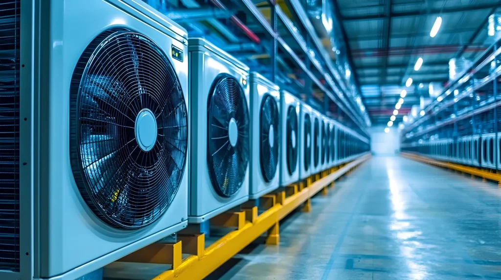 Industrial commercial refrigeration systems in a warehouse.